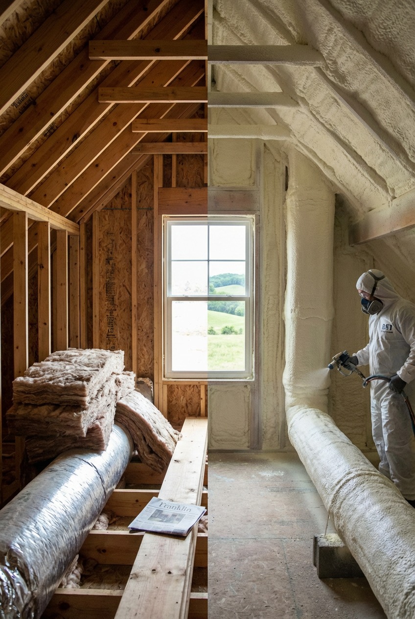 Before and after attic spray foam insulation by BST Spray Foam of Franklin
