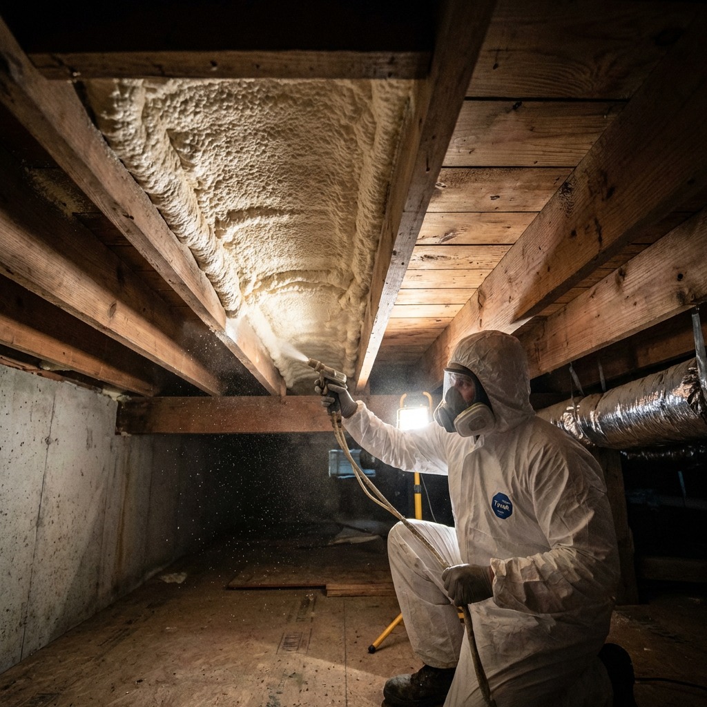 BST crew applying spray foam insulation in a crawl space